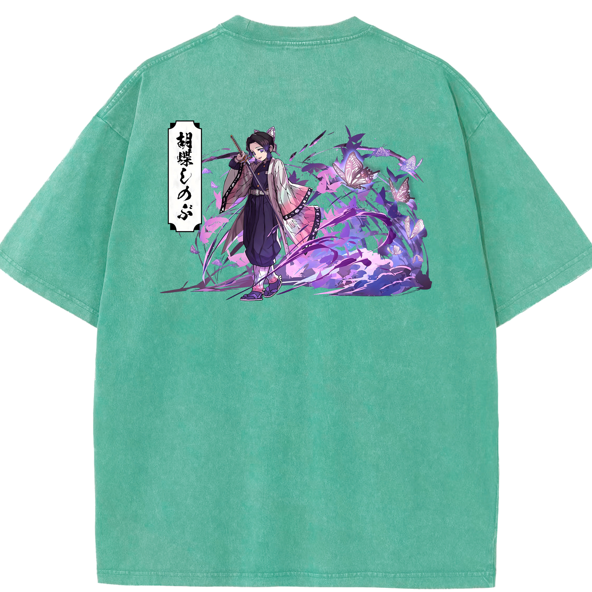 （画像用） 鬼滅の刃（きめつのやいば）蟲柱-胡蝶 しのぶ／こちょう しのぶ Kochou Shinobu 綿100% ヴィンテージ風 半袖Tシャツ（背面プリント）